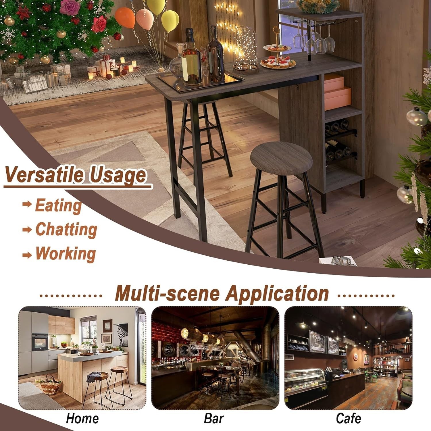 Brown Bar Table Set with Stools, Wine Rack, Glass Holders & Storage Shelves