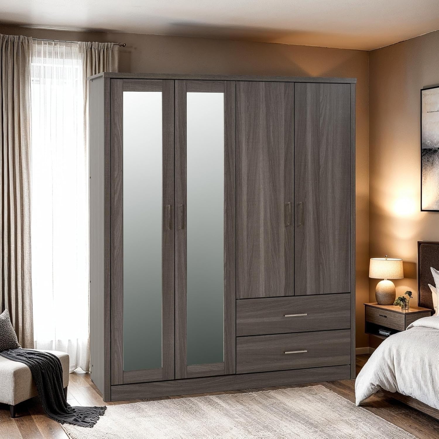 Black Wood 4 Door Wardrobe with Mirror & Drawers Modern Storage Unit