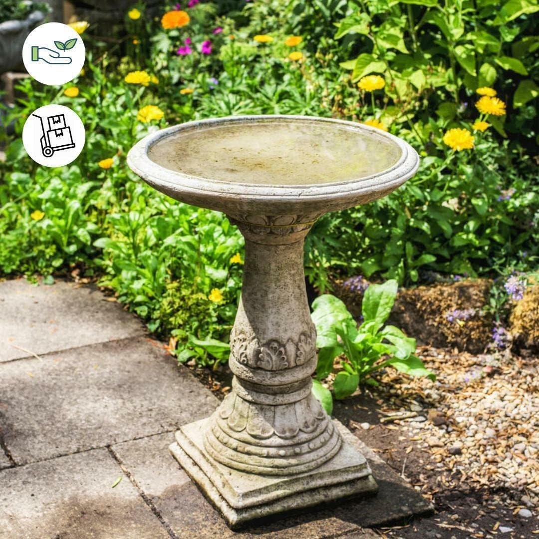 Stone Bird Bath 70kg Square Pedestal Garden Ornament | Hand Finished Sculpture