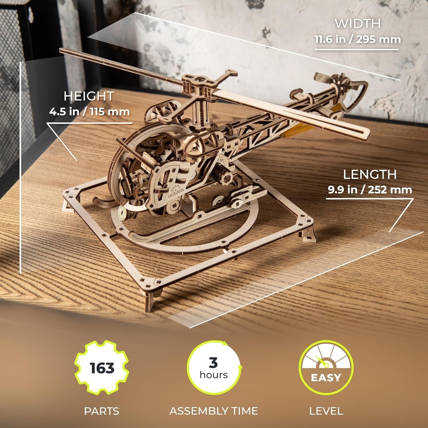 3D Wooden Helicopter Puzzle Model Kit – DIY Brain Teaser, 167 Pieces