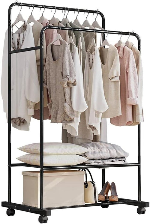 Double Clothes Rail Garment Rack with Wheels & Shelves Black