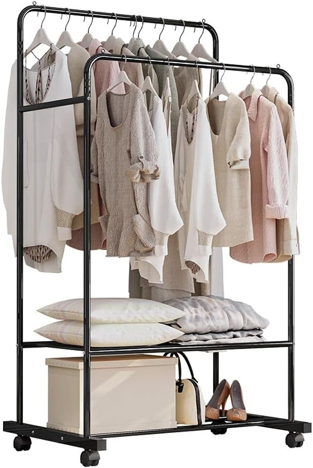 Double Clothes Rail Garment Rack with Wheels & Shelves Black