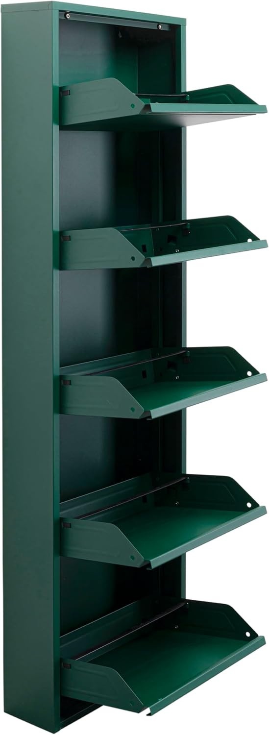 Slim 5-Drawer Shoe Cabinet Green – Space-Saving Metal Tilt Rack 170x50x15cm