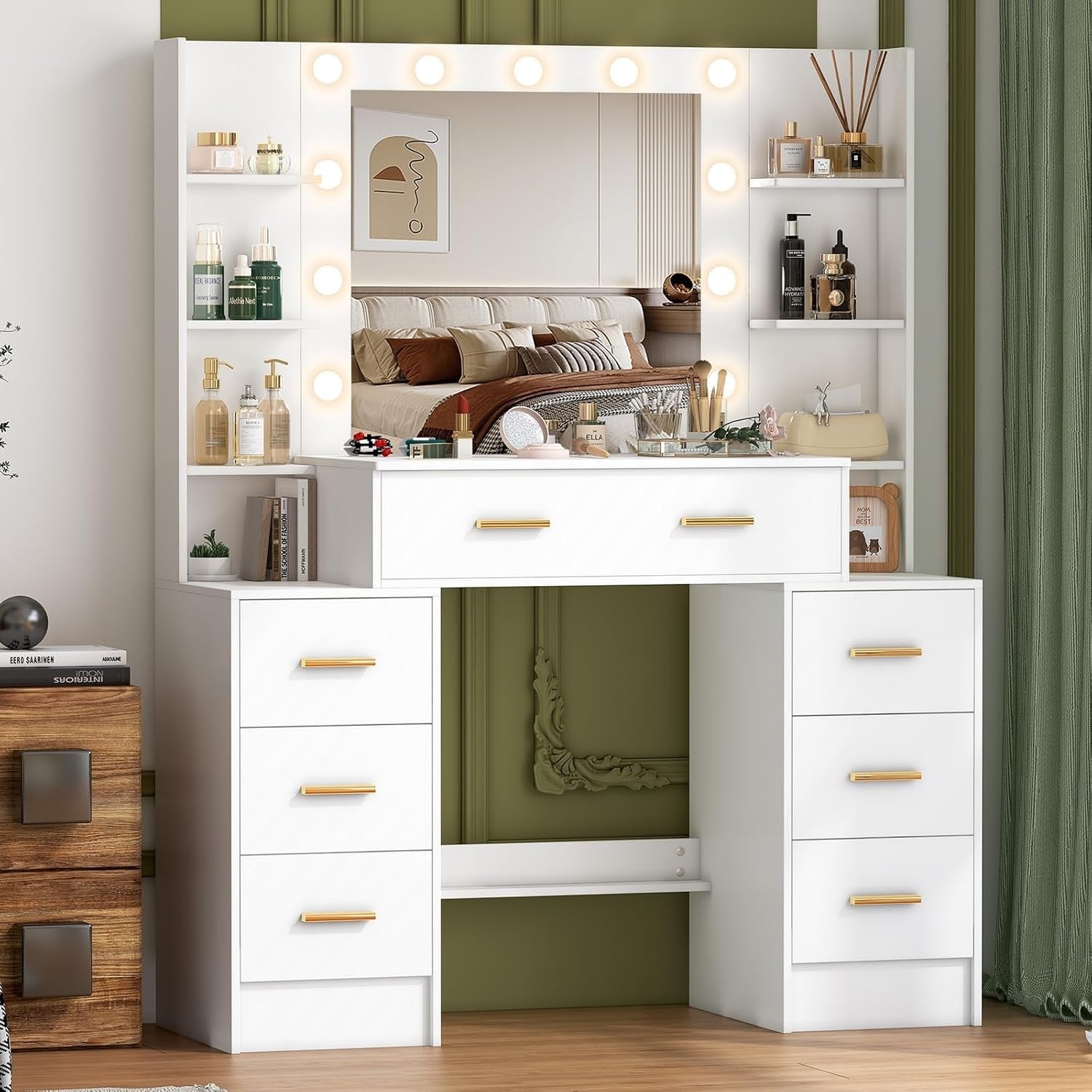 Modern Vanity Desk w/Lighted Hollywood Mirror 8-Drawer Makeup Table White