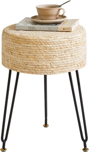 Beige Seagrass Woven Footstool Round Pastoral Stool Metal Legs 32×32×45cm