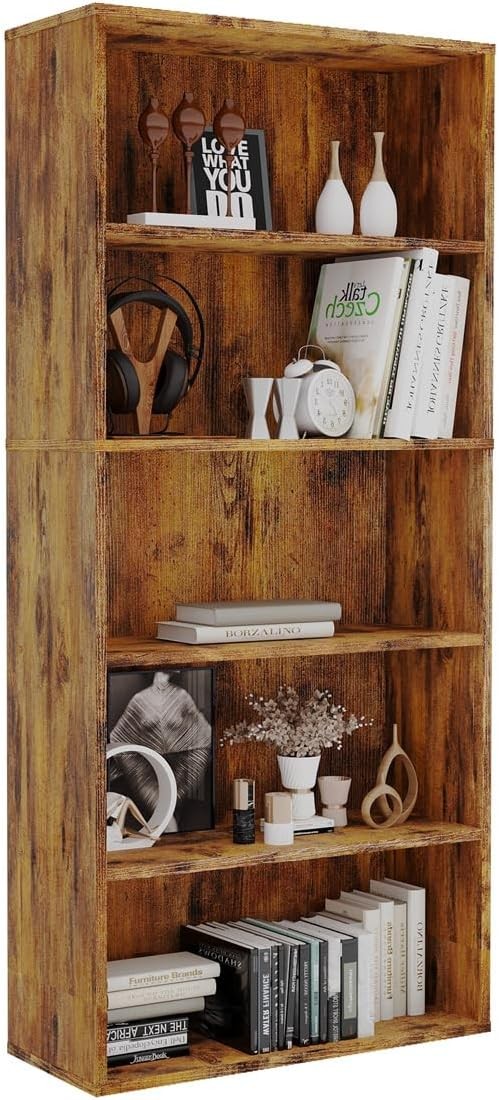Rustic Wood 6 Tier Tall Bookcase Free Standing Open Shelf Storage Unit