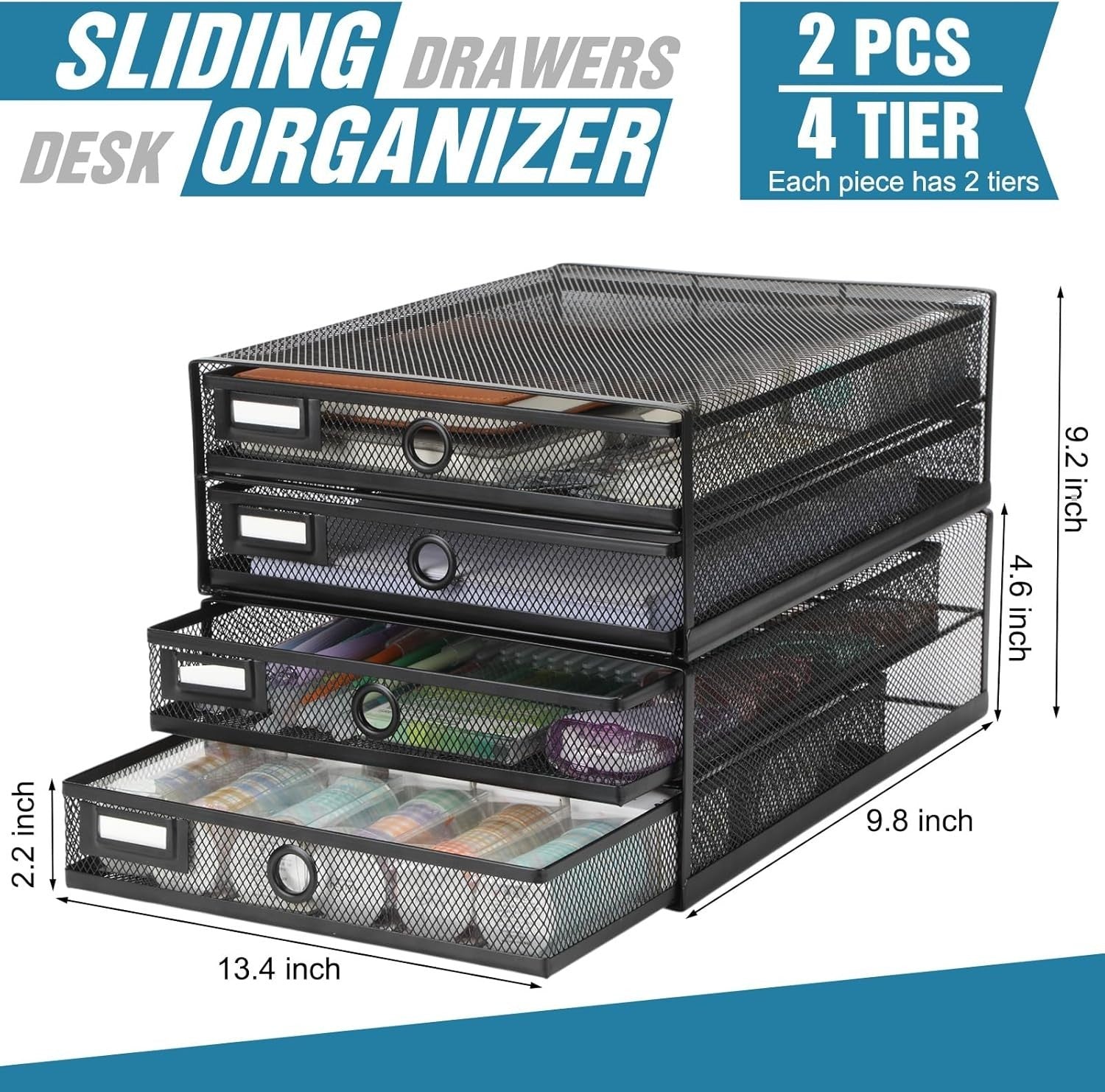 2-Tier Metal Desk Organizer with Drawers – Large A4 Paper Storage, Office Tray