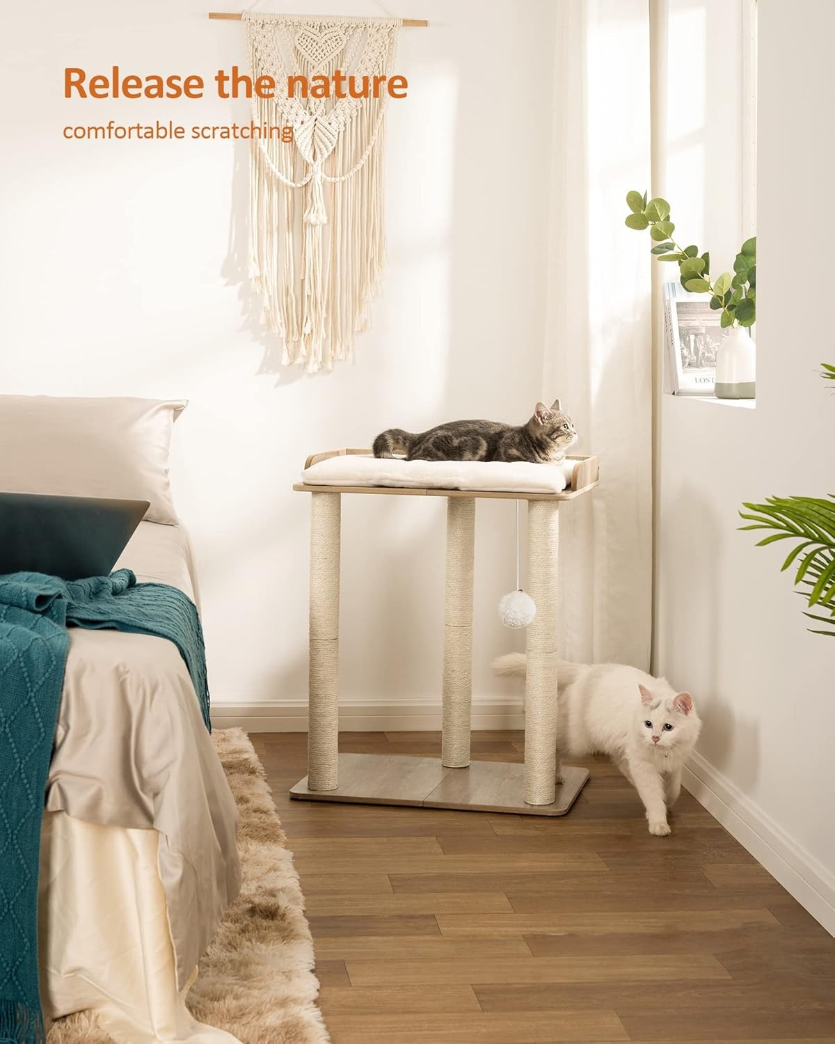 Wooden Cat Tree Scratching Post Greige 68cm Platform Tower for Indoor Cats
