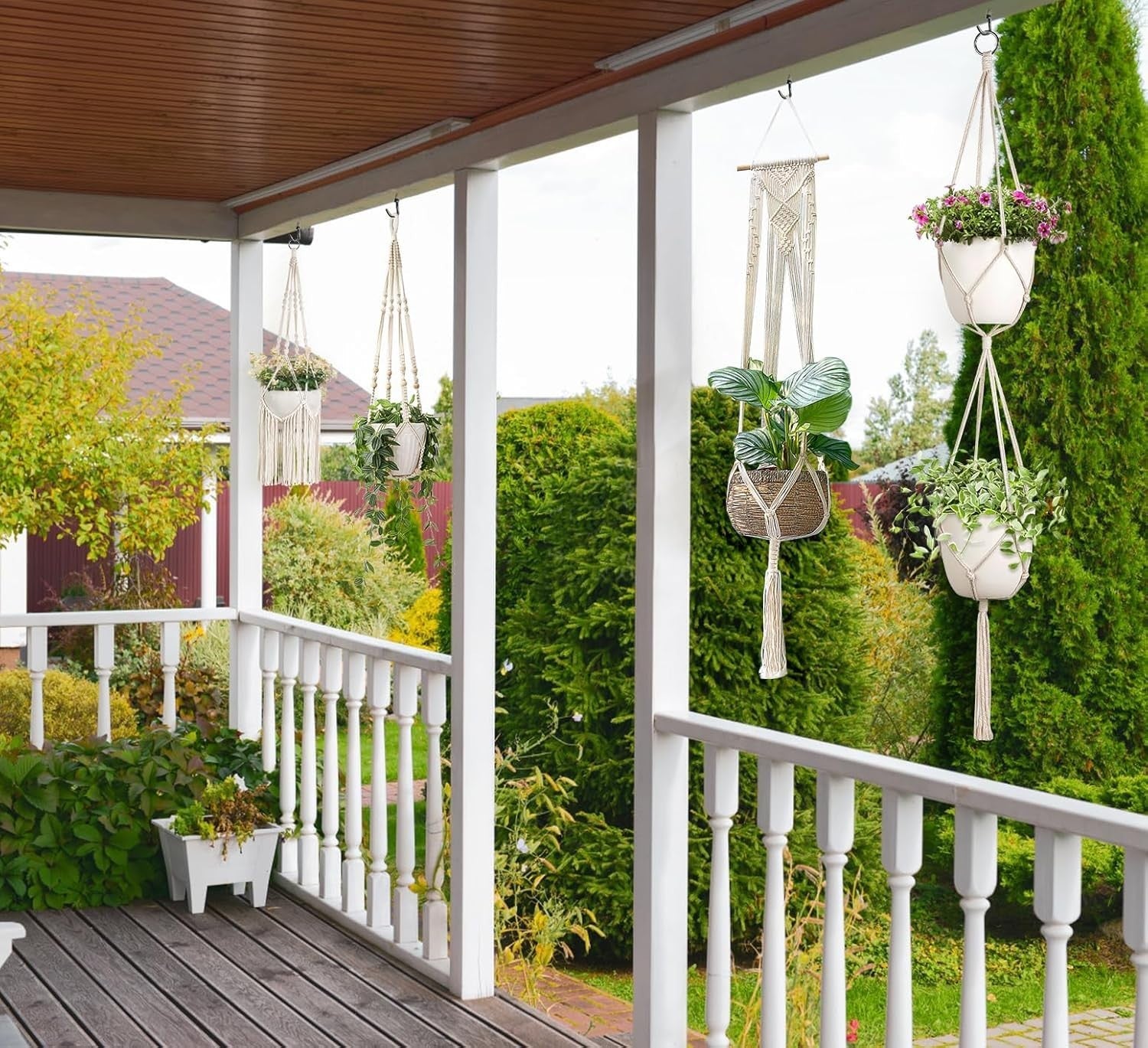 Boho Macrame Plant Hangers Set of 5 Indoor/Outdoor Cotton Planters