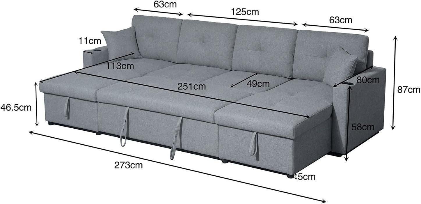 Black Fabric U-Shaped 4 Seater Sofa Bed with Storage & Pull-Out Bed