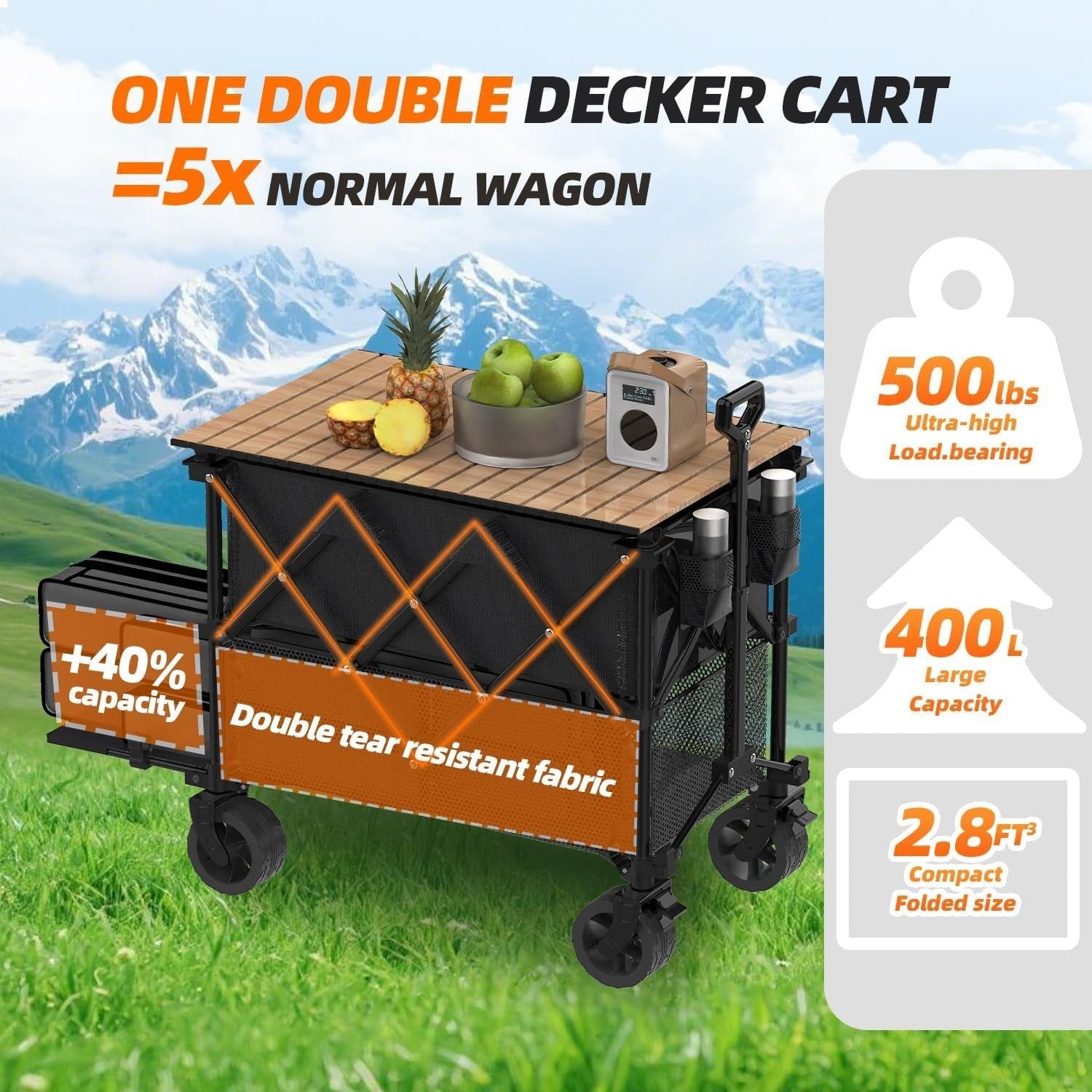 400L Double Decker Folding Camping Wagon 250kg Heavy Duty Festival Trolley Black