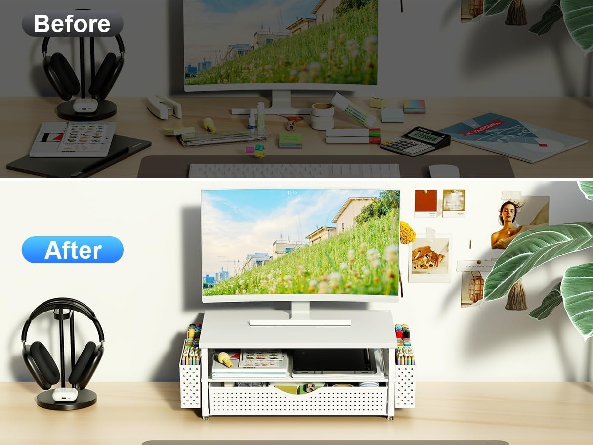 Ergonomic Desk Organizer & Monitor Stand with Drawer & Pen Holders