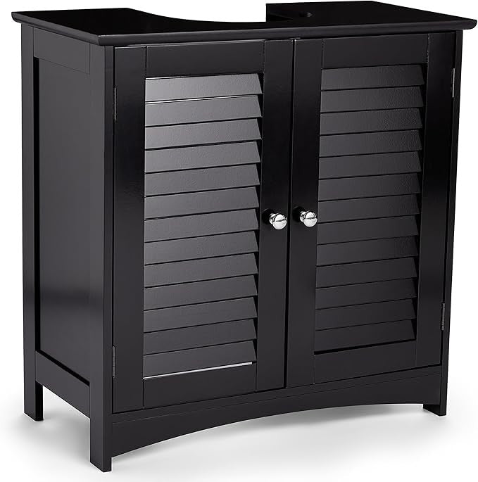 Black Under Sink Bathroom Cabinet 60cm Vanity Unit with Shelves Shutter Doors