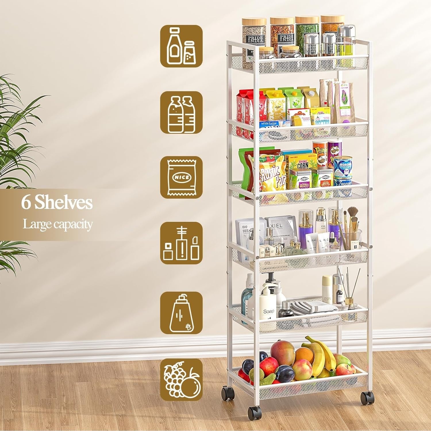 6 Tier Slim Storage Cart Rolling Narrow Shelf Kitchen Bathroom Rack