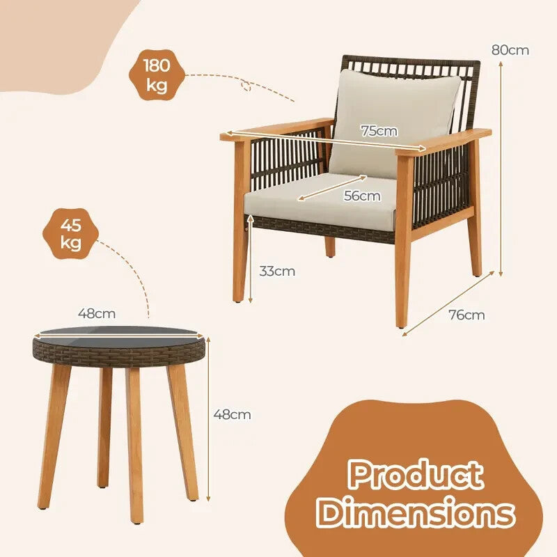 3pc Acacia Patio Chair Set with Cushions & Table – Outdoor Garden Rattan