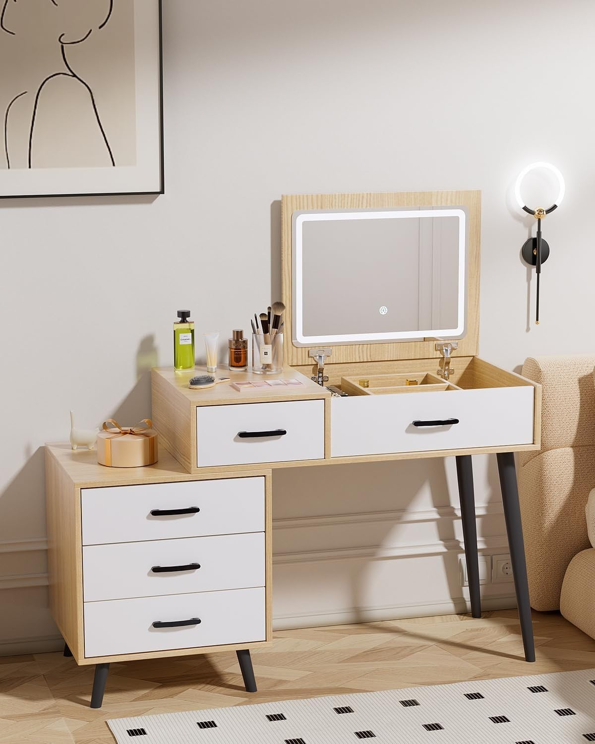 Adjustable Vanity Dressing Table Makeup Desk LED Mirror Storage Drawers