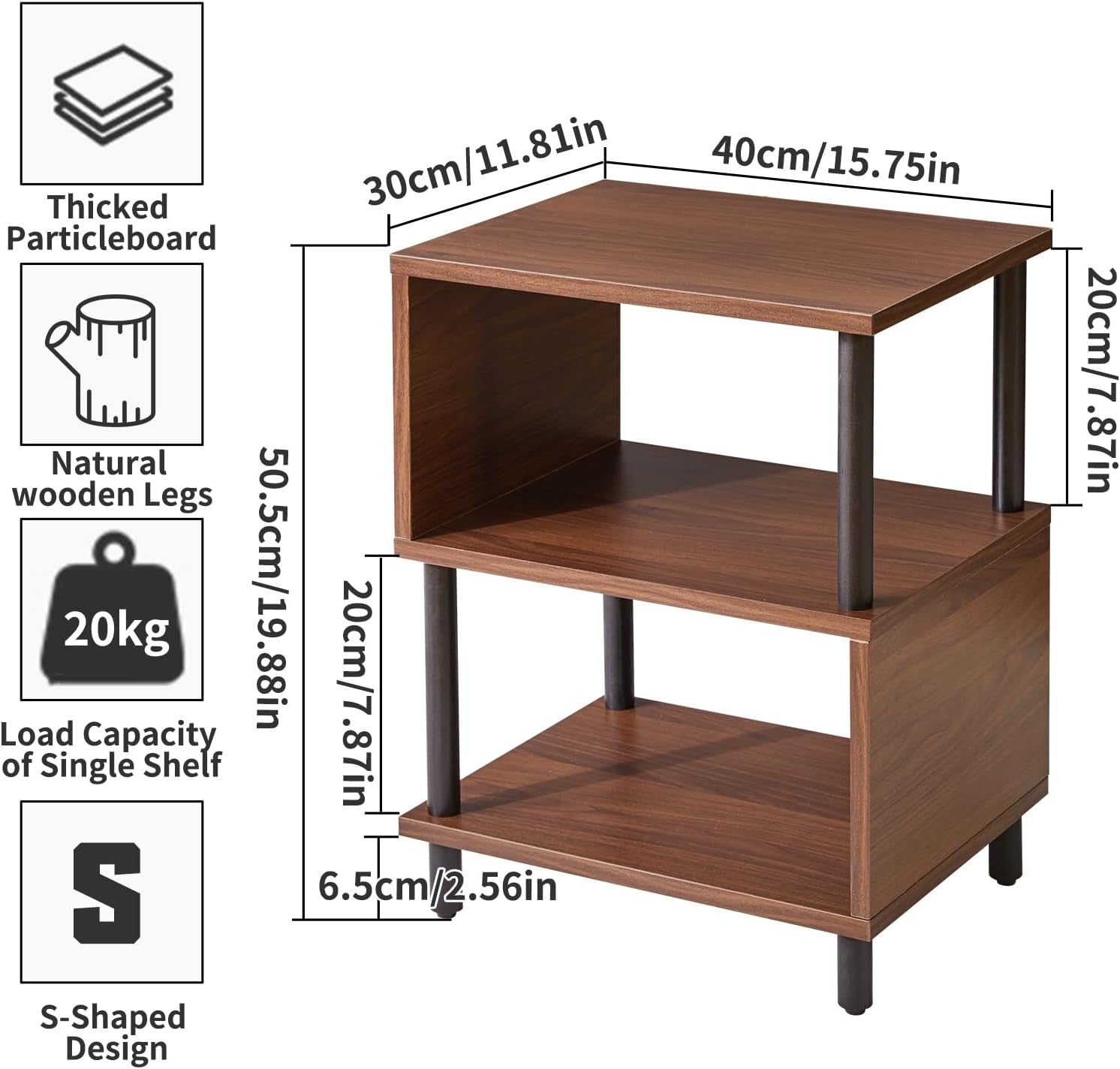 Modern 3-Tier Wooden Side Table with Open Storage Shelves, Walnut End Table