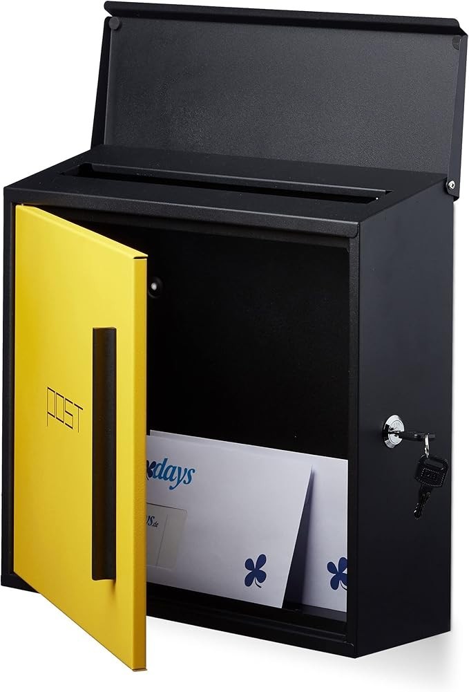 Wall Mounted Lockable Steel Letterbox Black-Yellow DIN A4 Slot Weatherproof