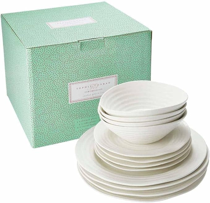 12 Piece White Porcelain Dinner Set Plates Bowls Modern Ribbed Tableware