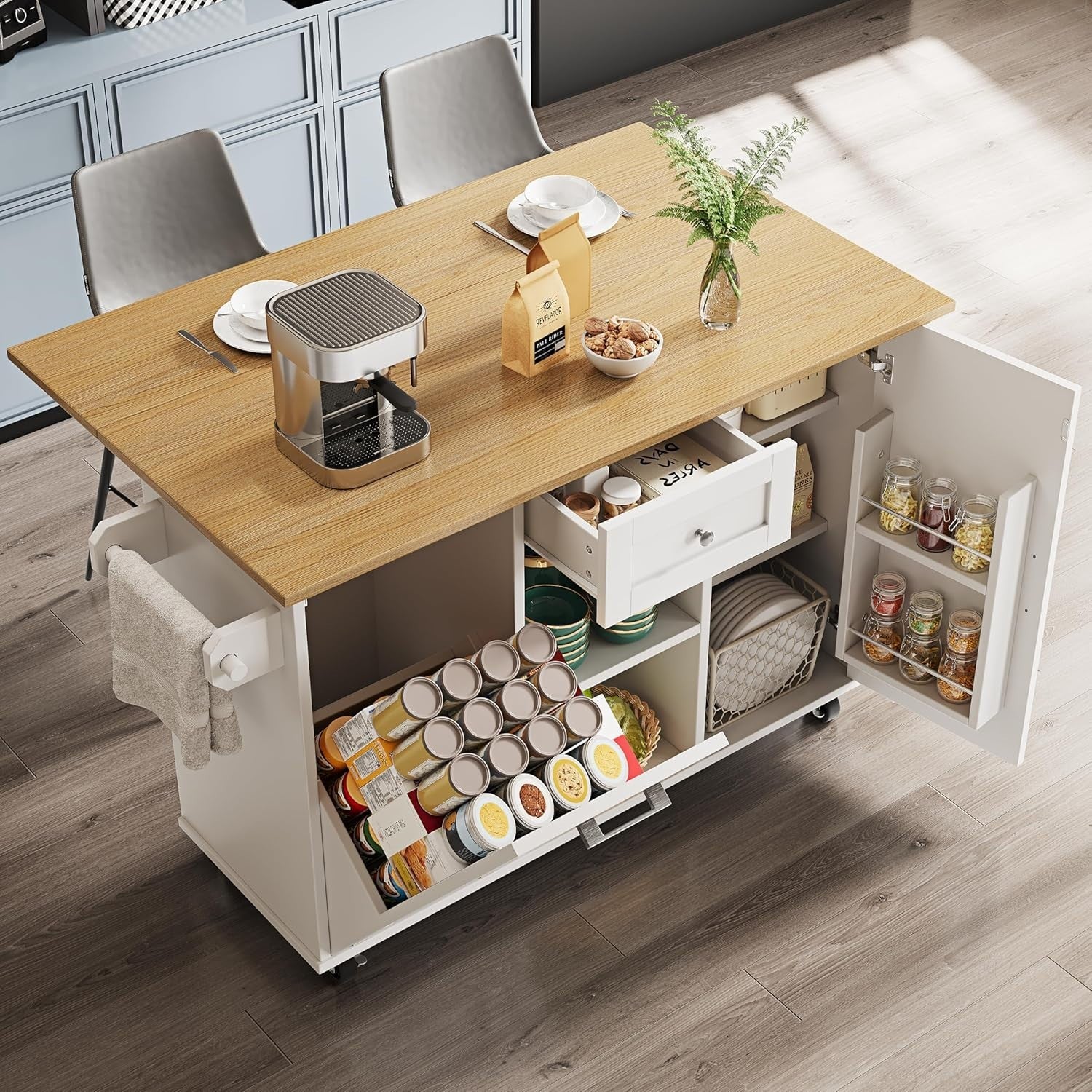 White Rolling Kitchen Island Foldable Table Storage