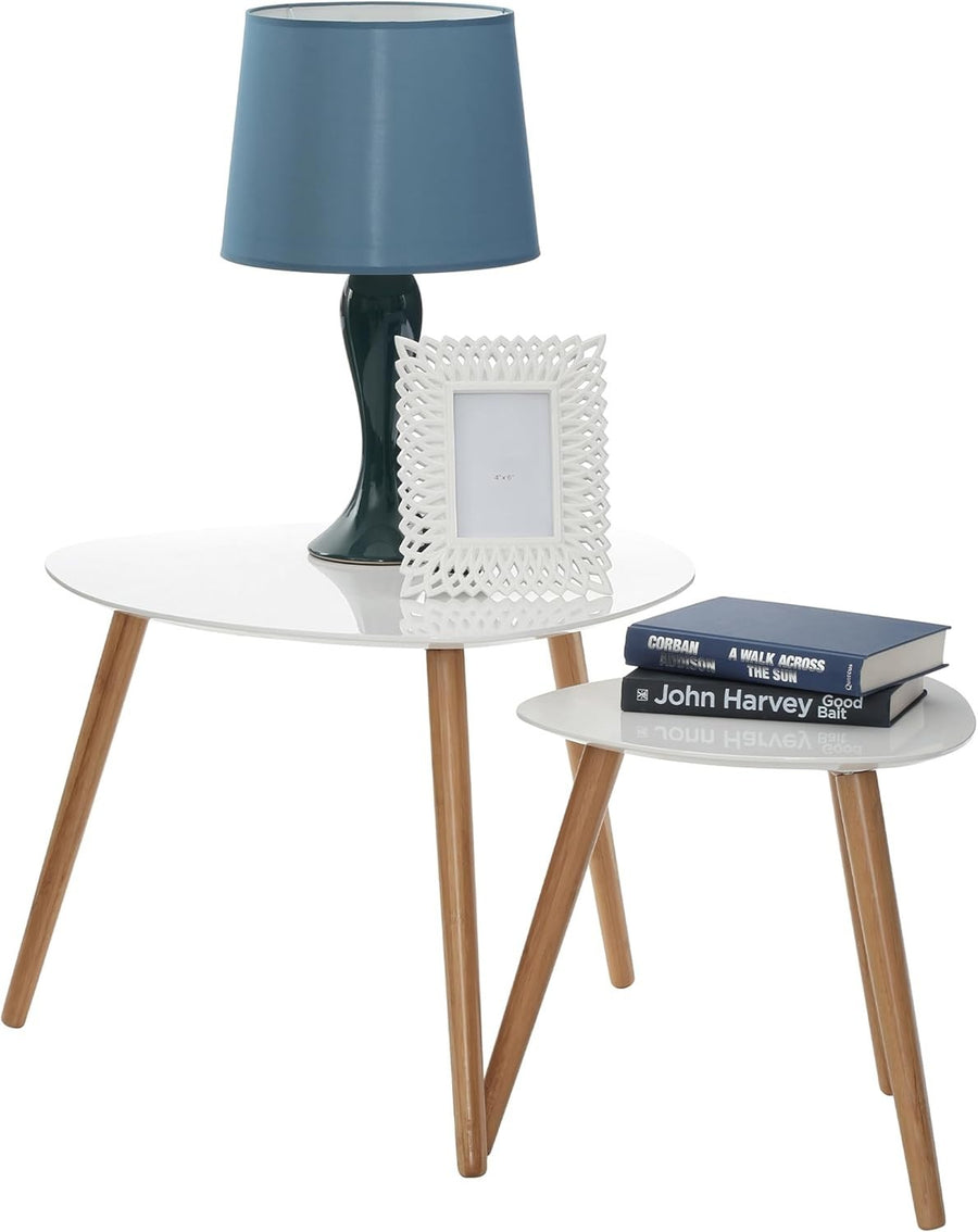 Oval White High Gloss Nesting Coffee Tables Set of 2 Scandinavian Wood Legs