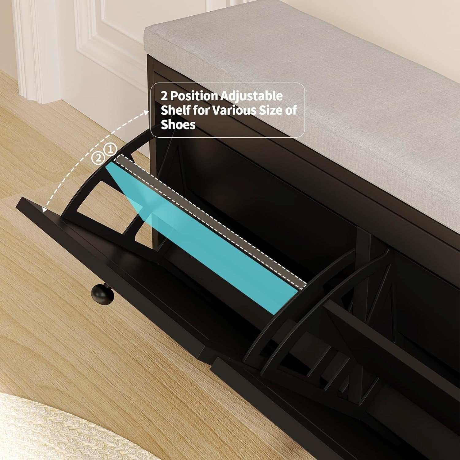 Black Flip Drawer Shoe Storage Bench with Padded Seat & Adjustable Shelves