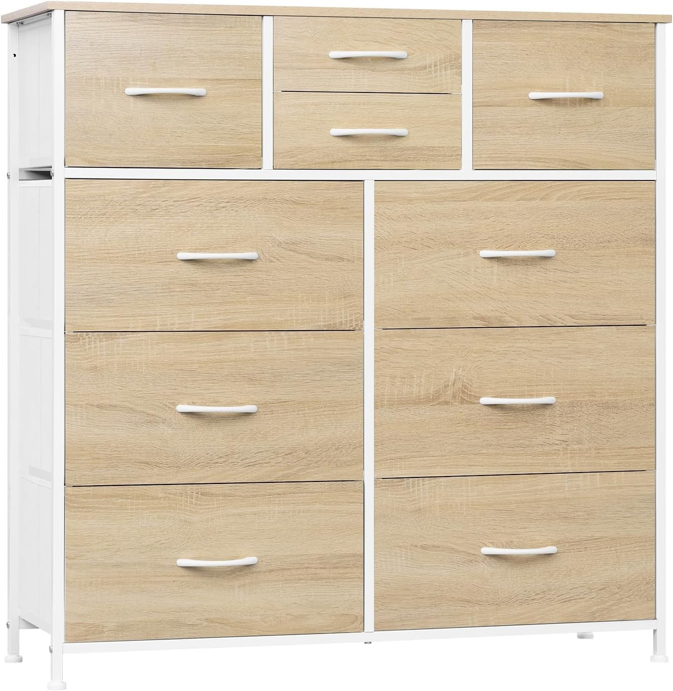 Tall Chest of Drawers 10 Fabric Storage Unit Light Oak White Metal Frame
