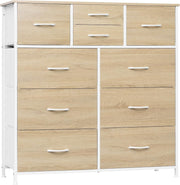 Tall Chest of Drawers 10 Fabric Storage Unit Light Oak White Metal Frame