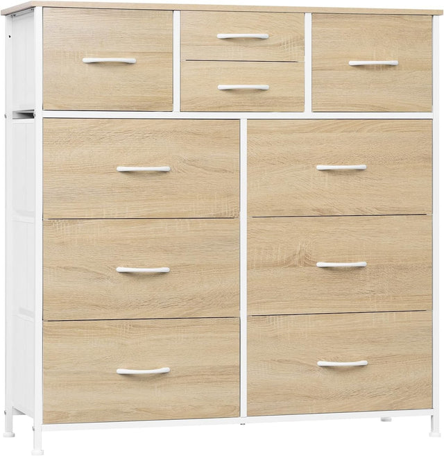 Tall Chest of Drawers 10 Fabric Storage Unit Light Oak White Metal Frame