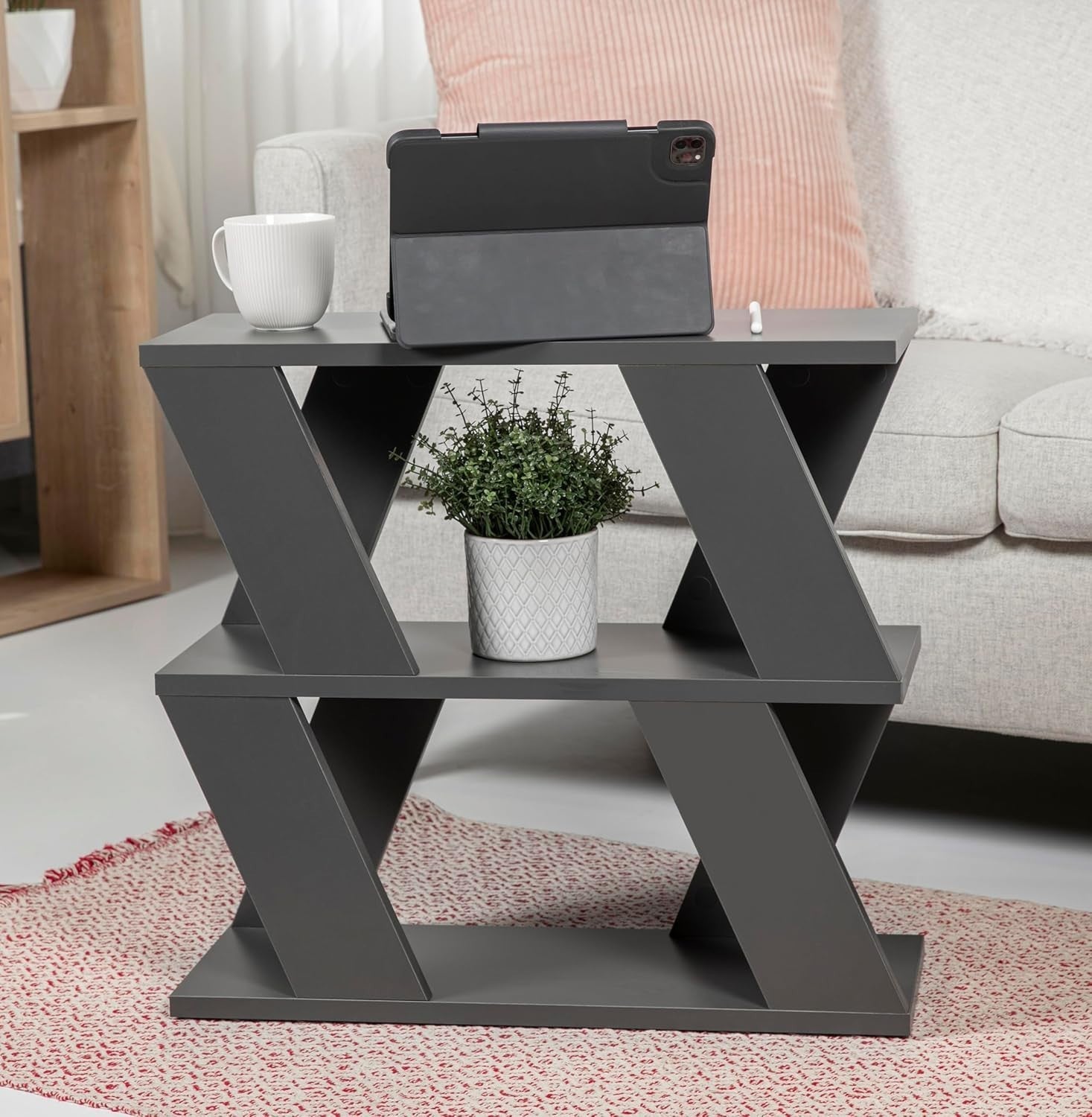 Slim Anthracite Side Table with 2 Tier Shelf | 60cm Narrow Storage Unit
