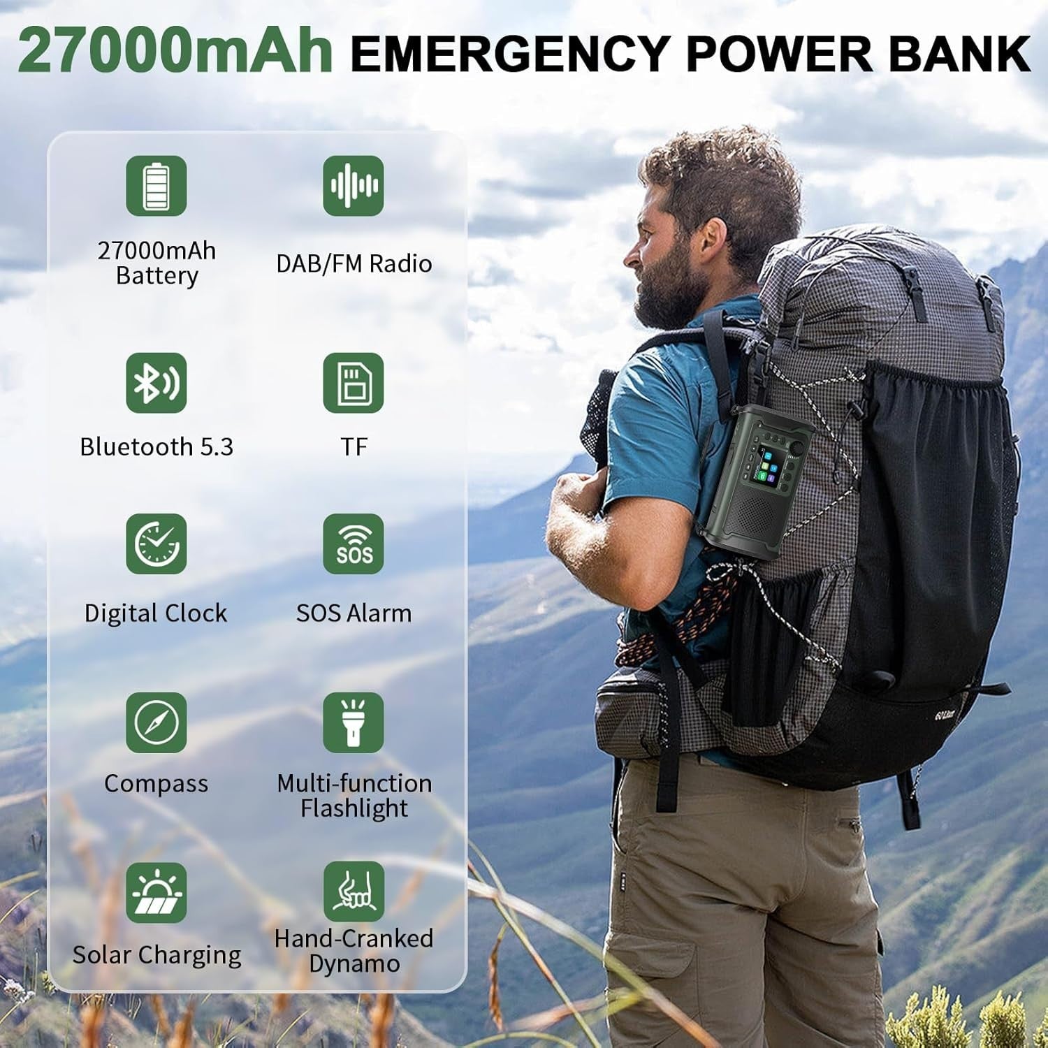 Portable DAB Radio 27000mAh Battery | Bluetooth, FM, SOS, Torch