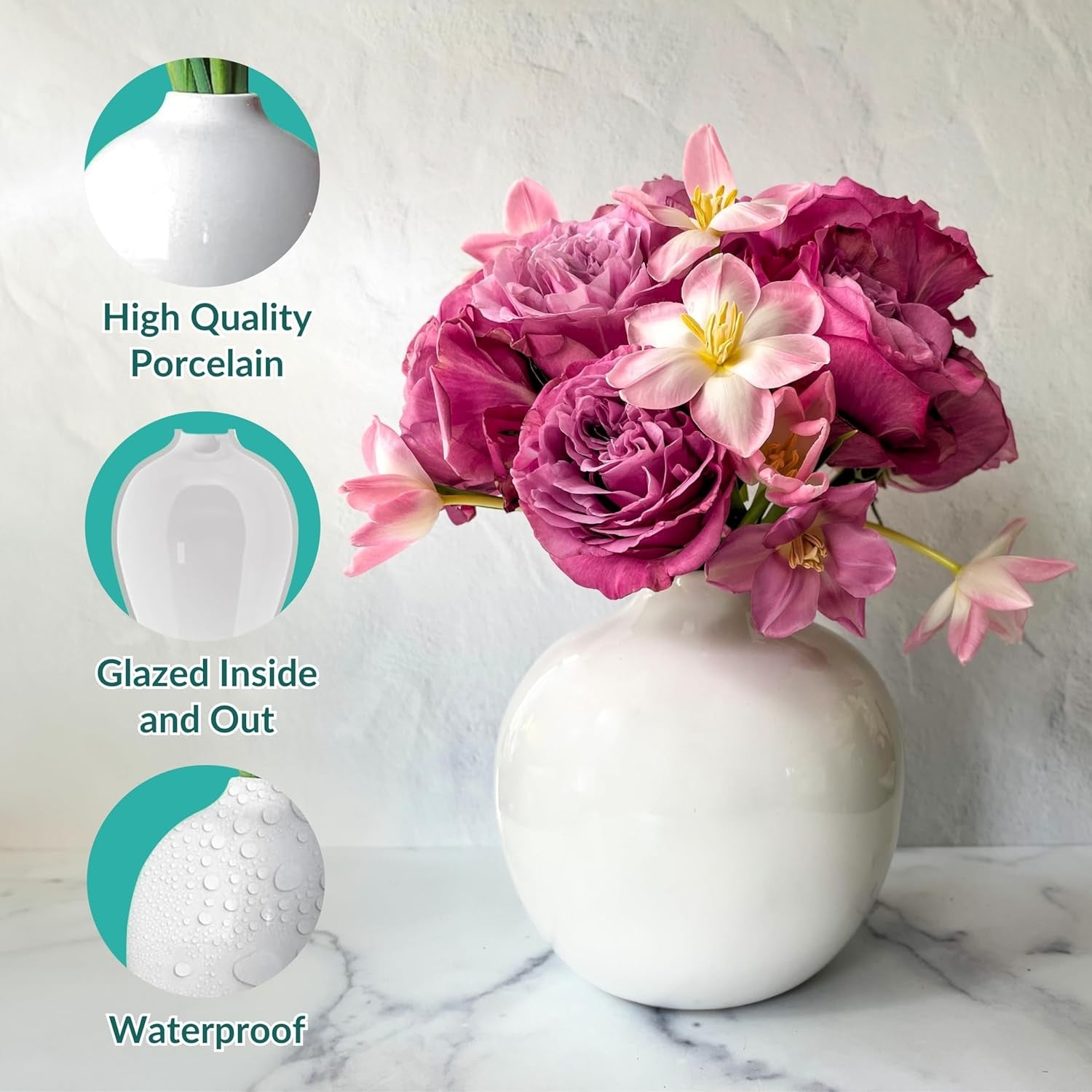 White Ceramic Round Vase 19cm Glossy Flower Pampas Grass Home Decor