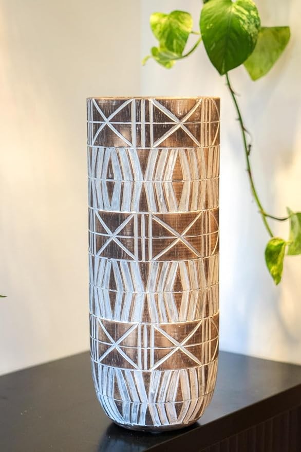 Tall Brown Wooden Floor Vase 50cm Handmade Tribal Boho Decor for Pampas