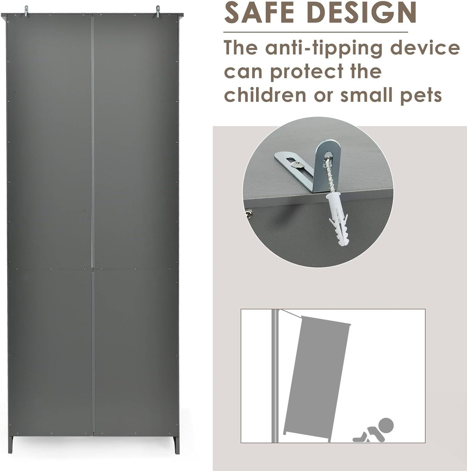 Grey 5-Tier Bookcase with Doors, Adjustable Shelves, Tall Freestanding Storage