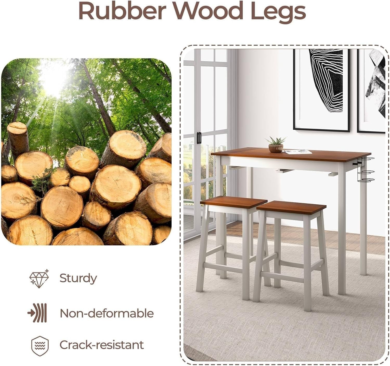 Cream White & Walnut Space-Saving Bar Table Set 2 Stools, Wine Holders, Footrest