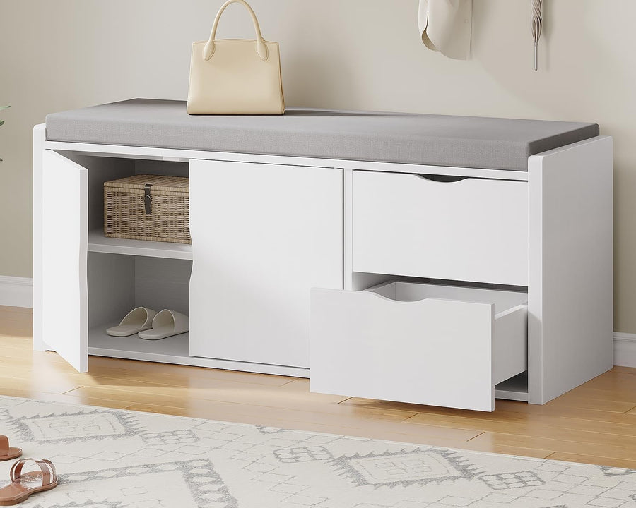 White Oak Shoe Storage Bench with Drawers & Cushion 2-Tier Hidden Rack 101x34x45