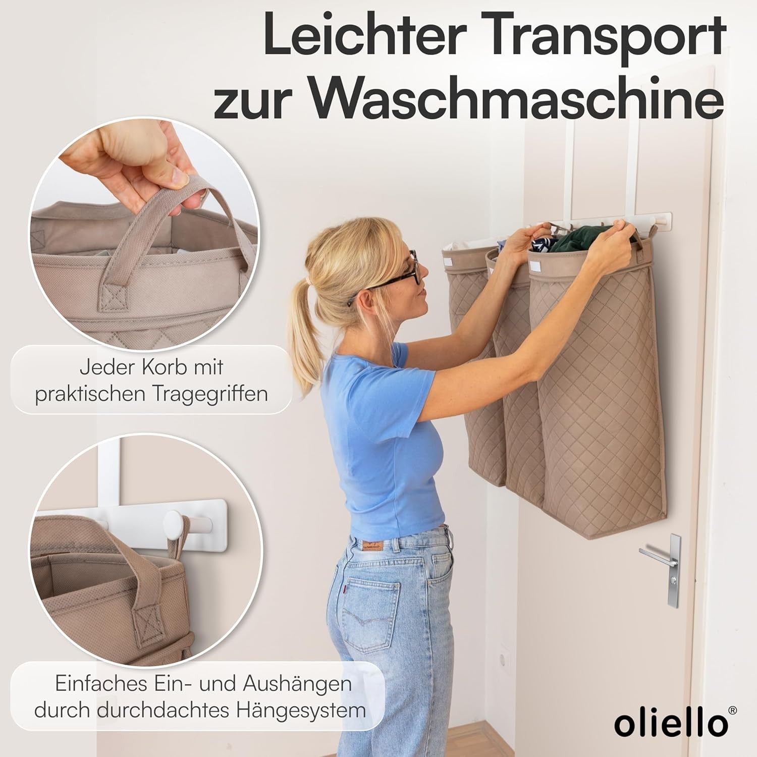 3-Bag Hanging Laundry Hamper Sorter with Handles, Space-Saving Wall Organiser