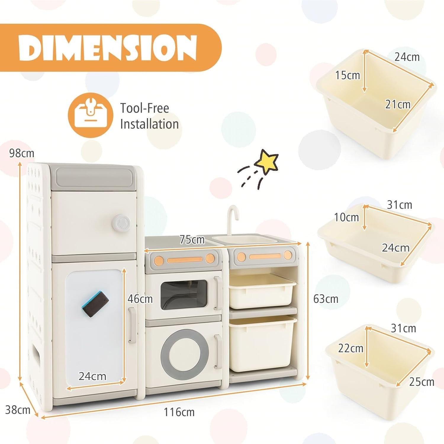 Kids Toy Storage Unit with Cabinets & Whiteboard Play Kitchen Shelf 116cm