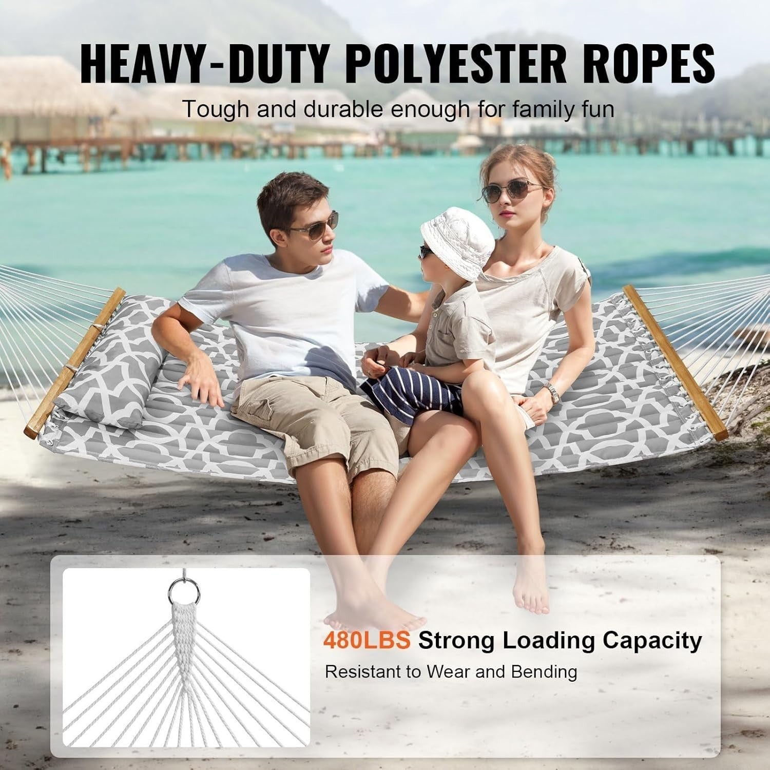 Luxury Double Hammock with Pillow – Quilted Fabric, Hardwood Spreaders, 480lb