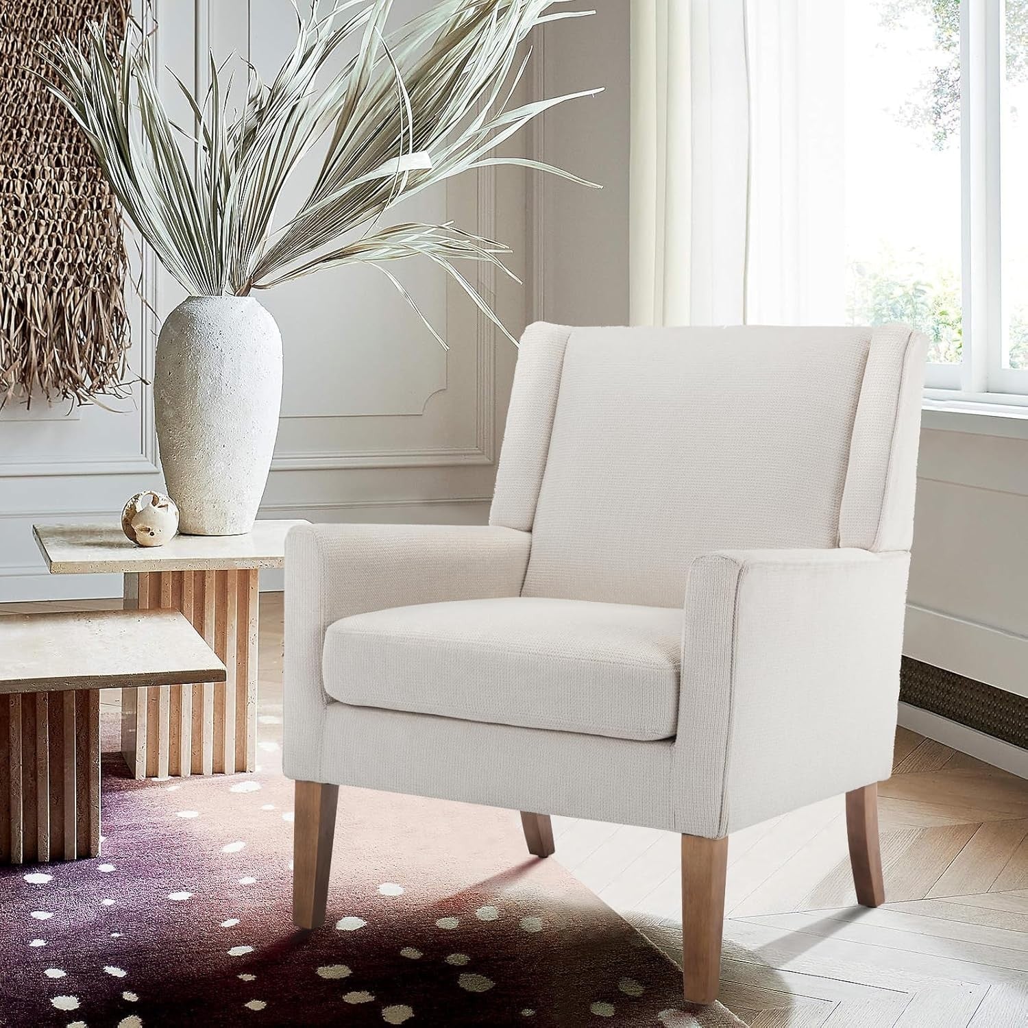 Beige Wingback Accent Armchair Upholstered Lounge Wood Legs
