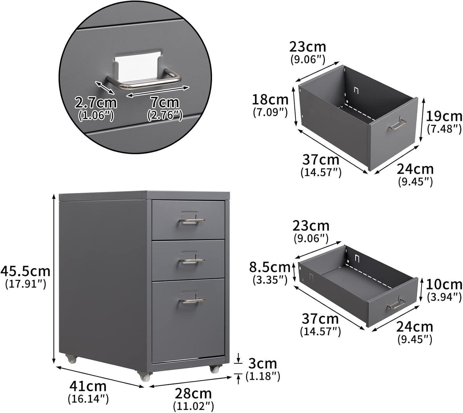 Grey Metal Under Desk Rolling Drawer Unit 3 Tier File Storage