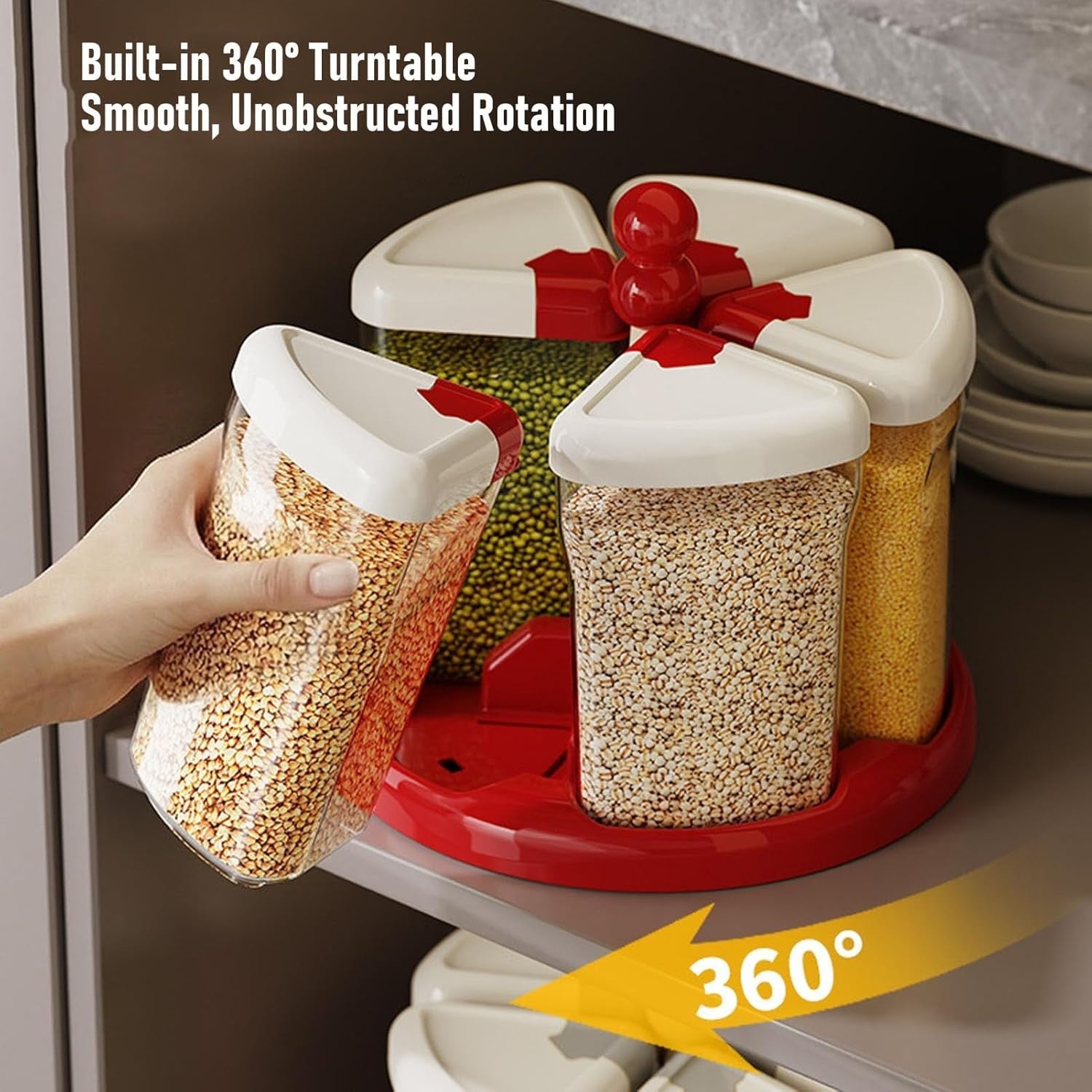 5 Grid Rotating Rice Dispenser Airtight Grain Storage Container Red