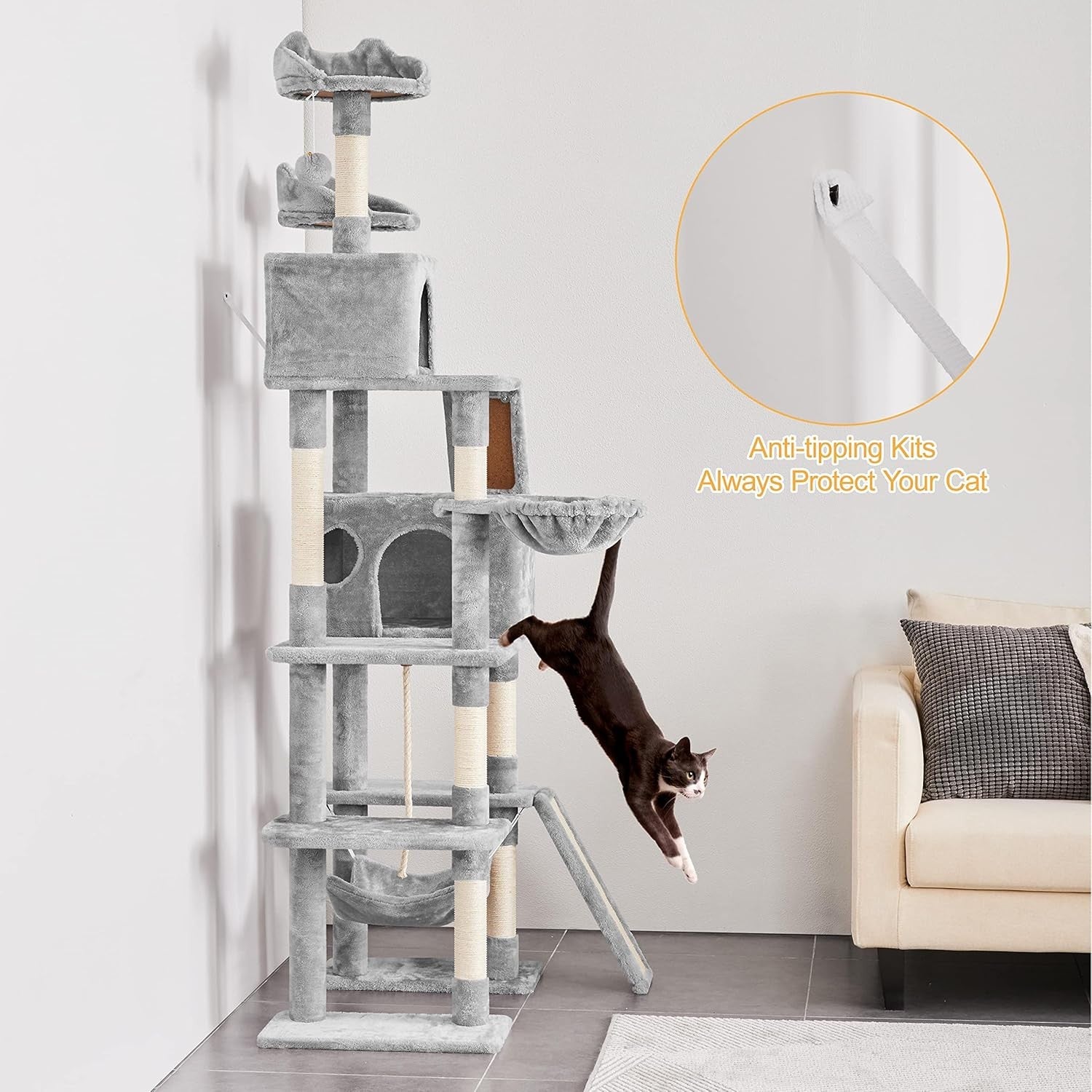 Extra Tall Cat Tree Tower 209cm Multi Level Condos Hammock Ladder Play