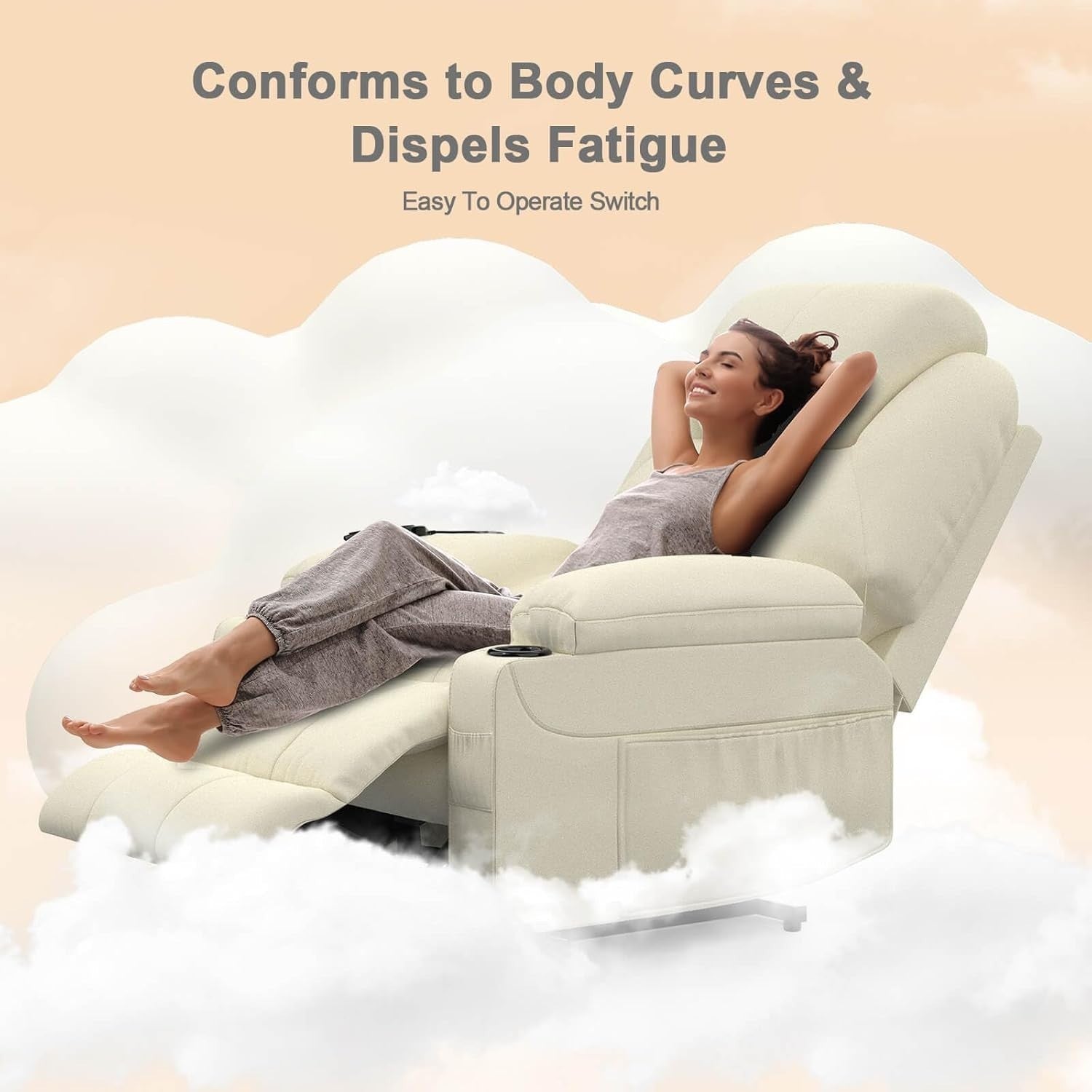 Power Lift Recliner Chair Massage Heat USB Type-C Faux Leather Beige Cup Holders