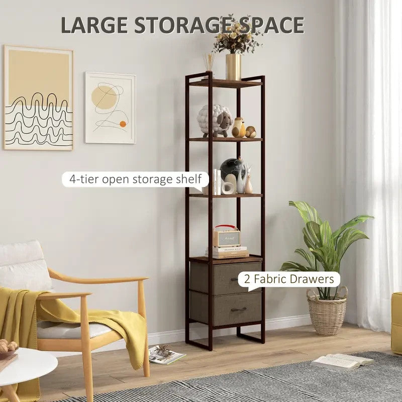 Slim Industrial Display Shelf with Drawers – Rustic Narrow Bookcase Unit