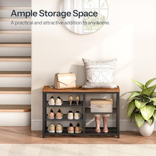 Rustic Brown 5-Tier Shoe Storage Bench with Seat Metal Frame Entryway Rack