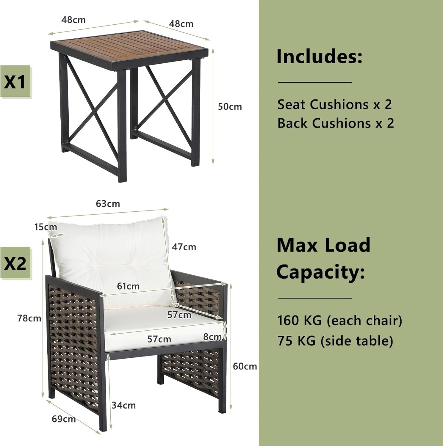 Patio Rattan Bistro Seating Set Acacia Wood Table Deep Cushions Balcony