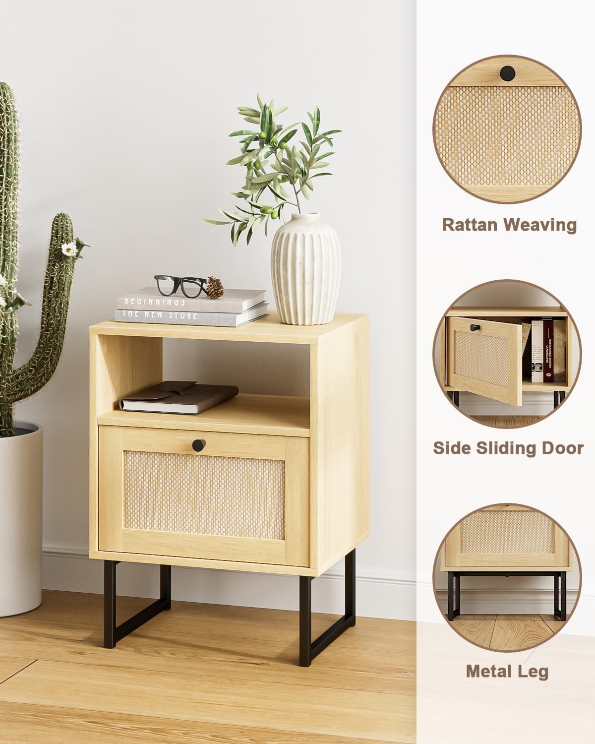 Natural Oak Rattan Bedside Table with Drawer Boho Nightstand Side Table