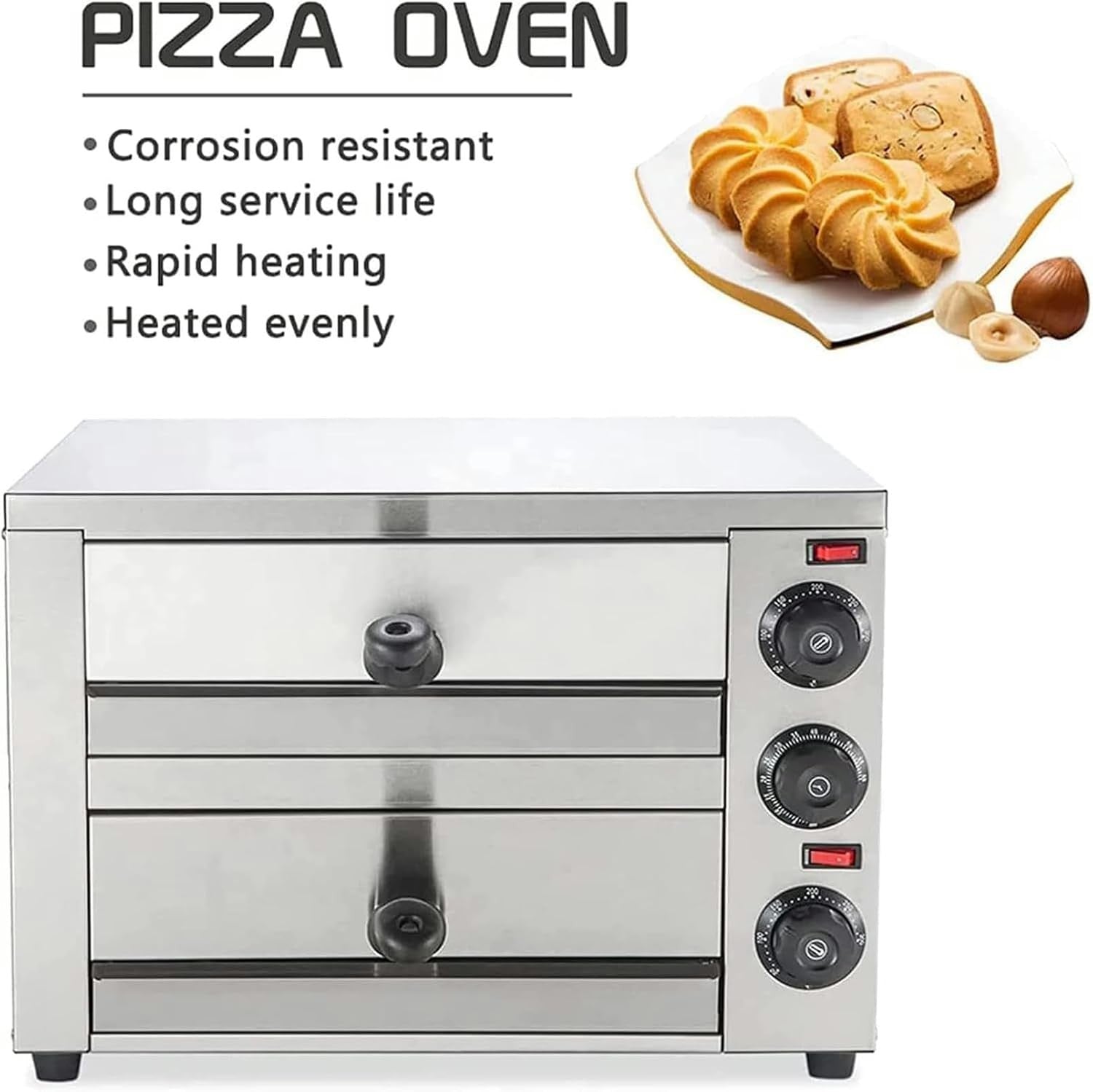 16" Commercial Electric Pizza Oven | Dual Deck Countertop Grill 300°C Timer 60mi