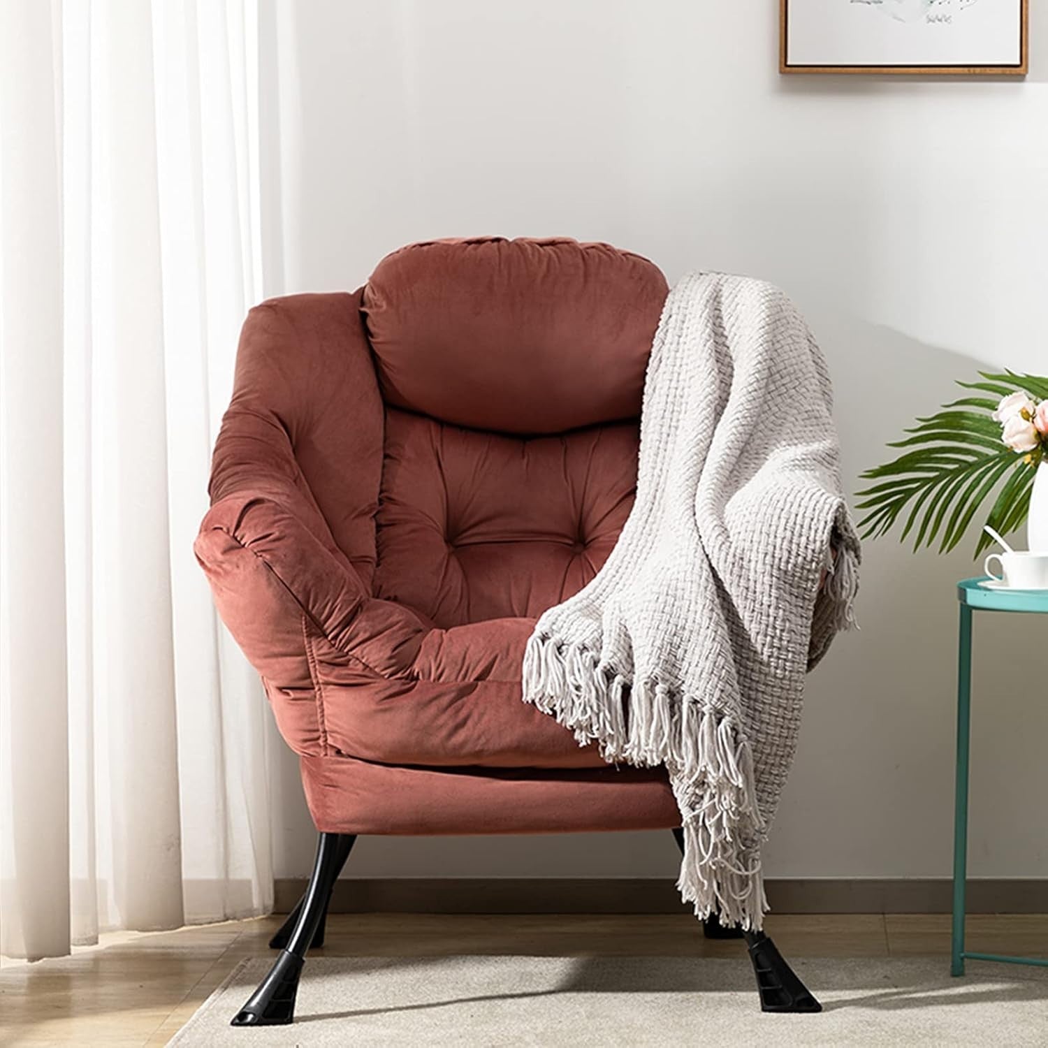 Velvet Accent Armchair Comfy Reading Chair Solid Steel Frame Pink Large